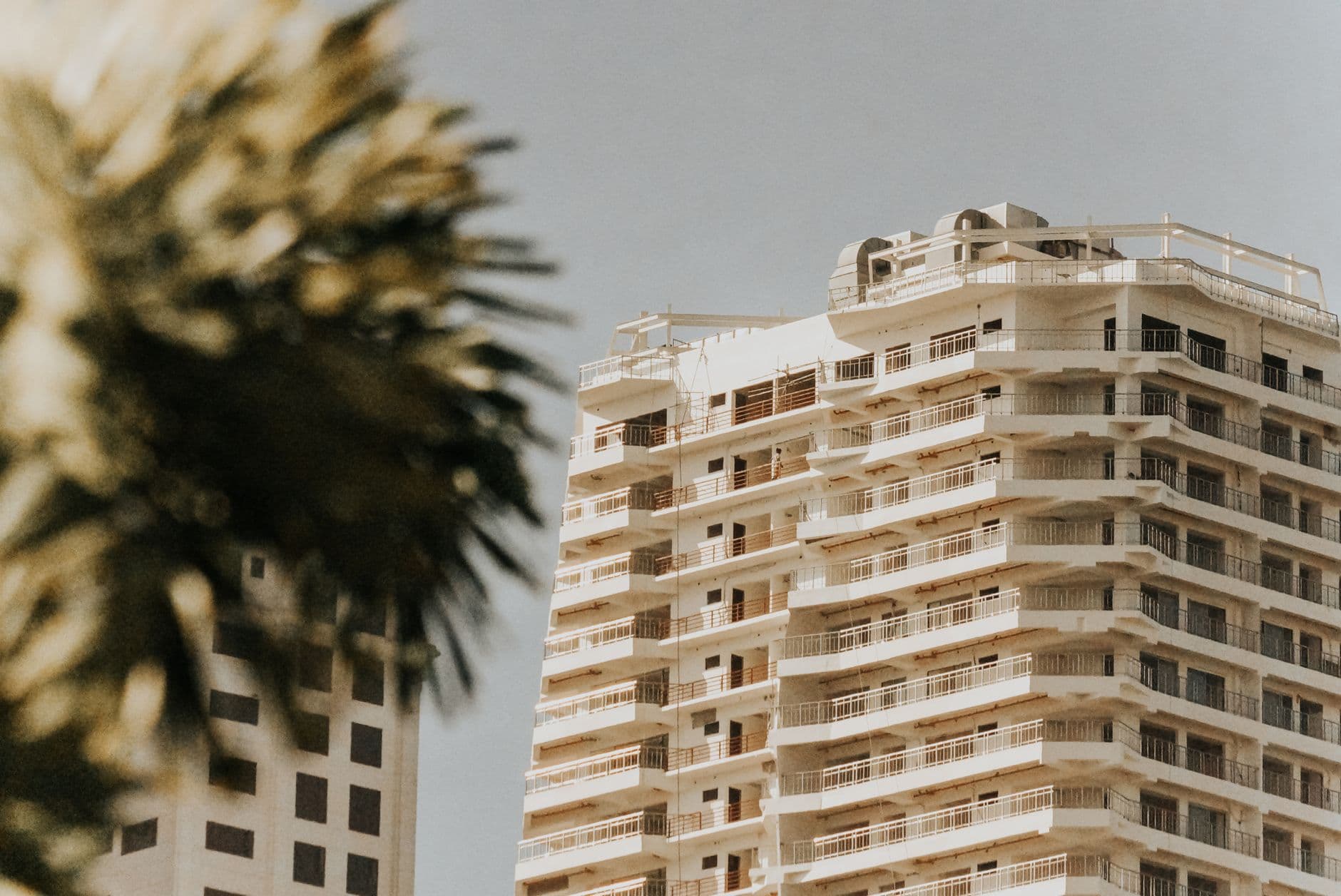 A high-rise residential building with a blurred palm tree in the foreground under a clear sky.