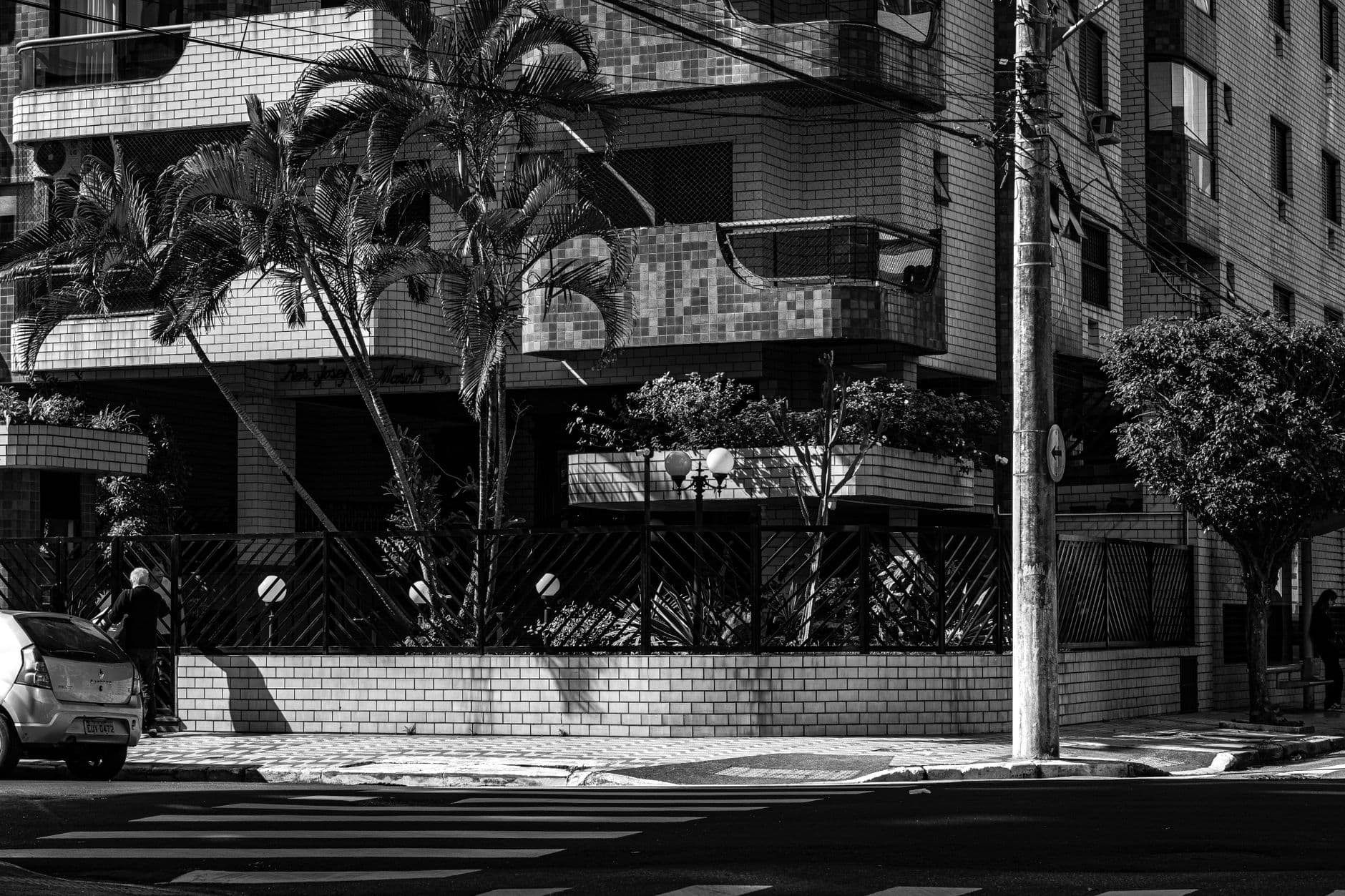 Monochrome view of urban street showcasing modern architecture.