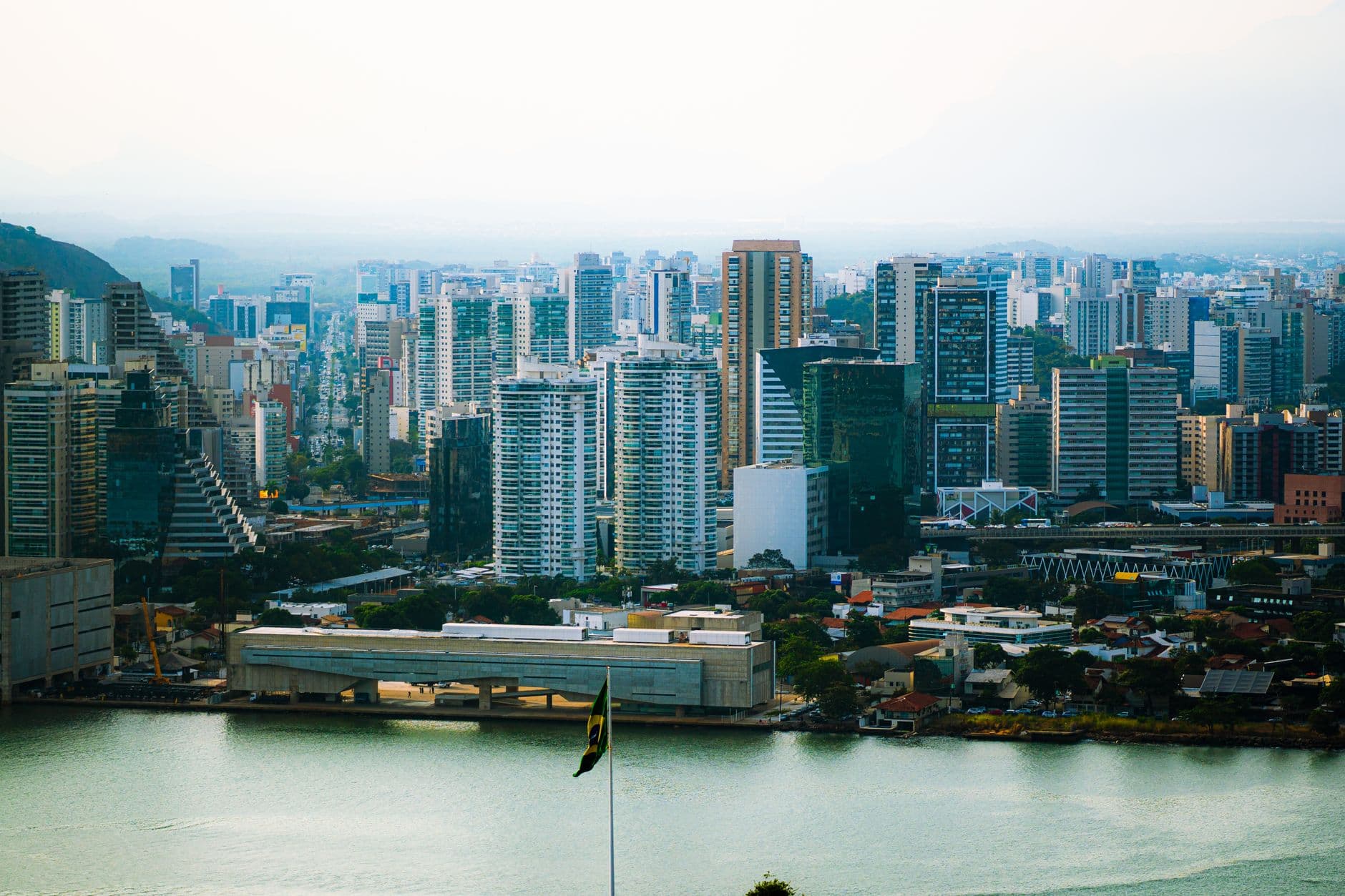 A captivating aerial view of the modern cityscape of Vitória, Brazil showcasing vibrant architecture.