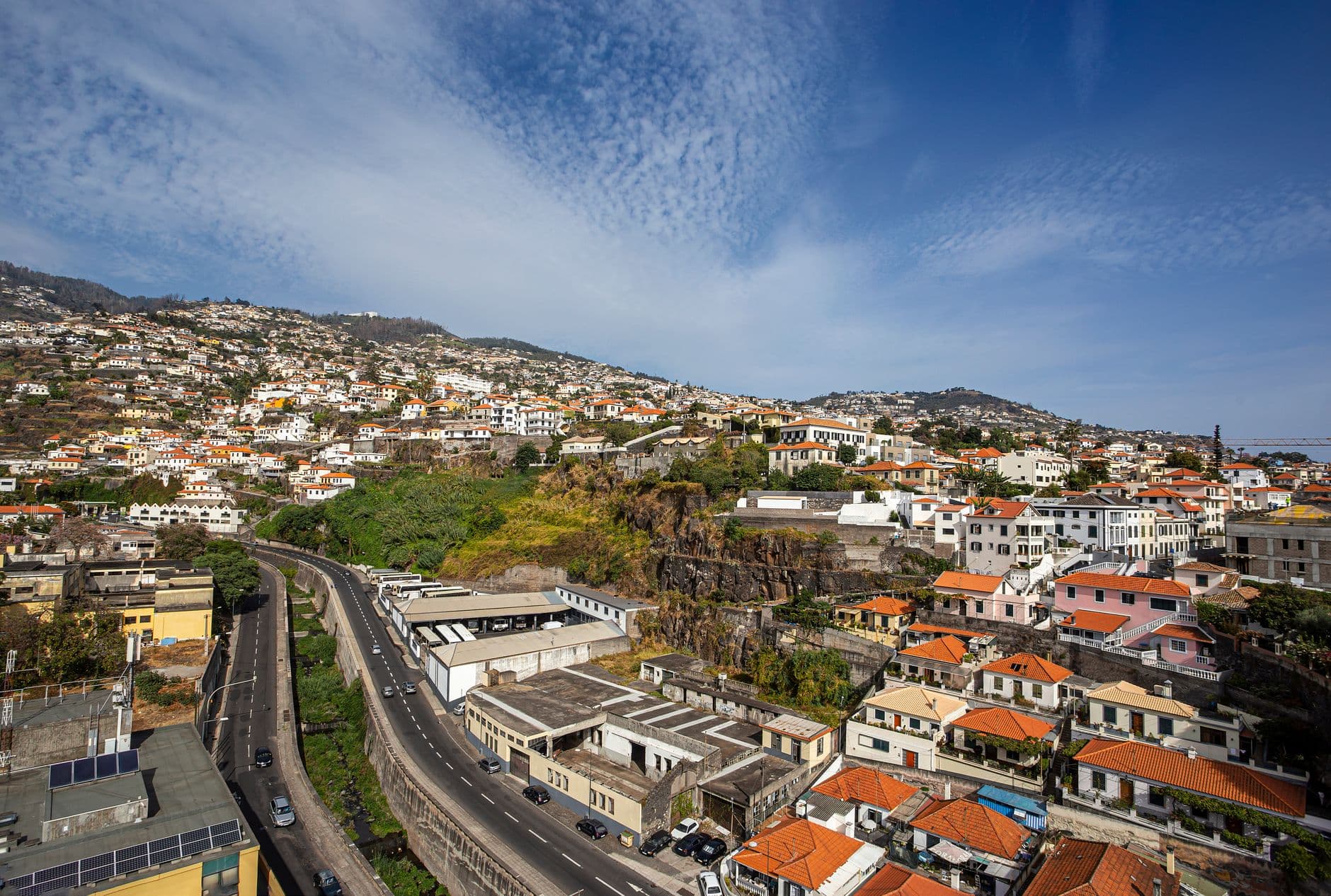 Discover Madeira's charming city with colorful rooftops under a clear blue sky.